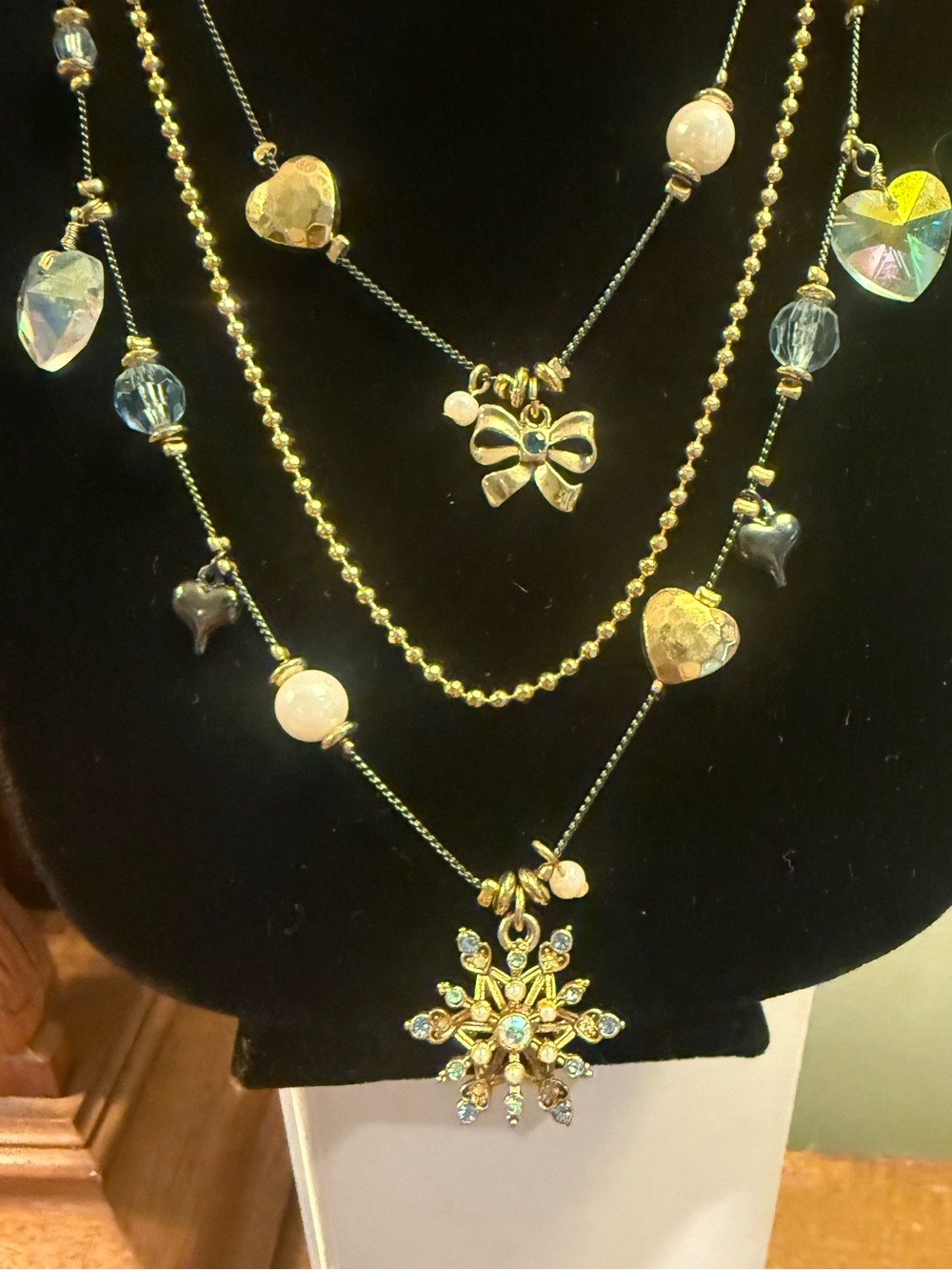 Betsey Johnson Gold Multi-Layer Necklace with Iridescent Hearts & Snowflake - Picture 4 of 8